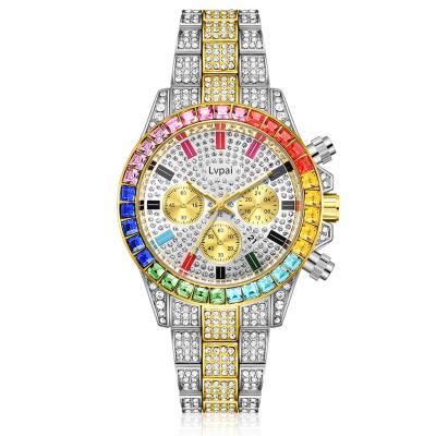 China Men's Full Diamond Alloy Steel Belt Quartz Diamond Watches Three-eye color Diamond Business Fashion All-match design fashion day/date new for sale