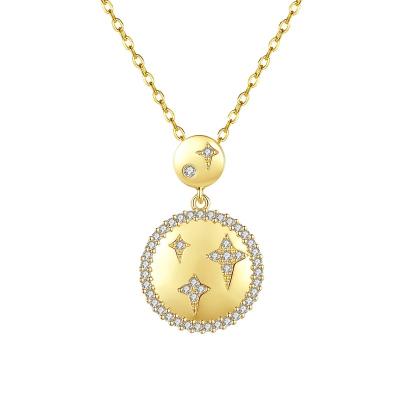 China Love Gift 18k Gold Plated Jewelry 925 Sterling Silver Engraving Star Round Necklace Dangle Women Silver Necklace for sale