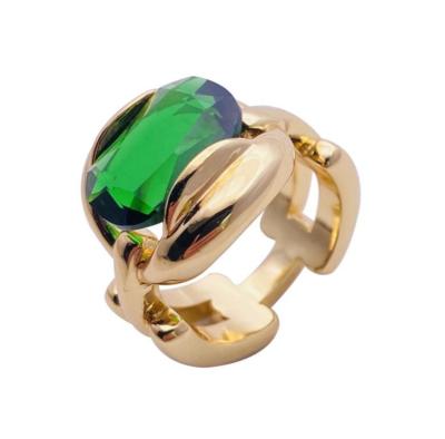 China Fashion Gemstone Ring Vintage 18K Gold Plated Brass Bold Free Love Gift Tarnish Jewelry Green Gold Ring for sale