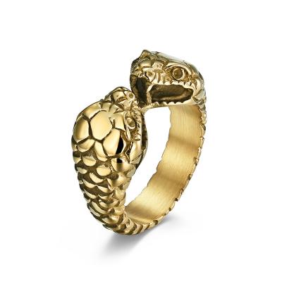 China Vintage Gothic Cobra Men's Hip Hop Jewelry Men's Snake Eye Tongue Ring Black Stainless Steel Gold Two Snake Punk Ring For Men for sale