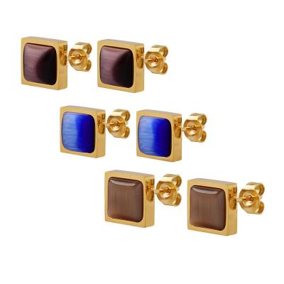 China Lead Free Cat Eye Stud Earrings Fashion Nickel Free Square Gold Plated Statement Jewelry Stainless Steel Stud Earrings For Women for sale