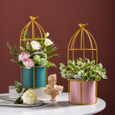 China Contemporary creative gold birdcage steel flower container for home decoration for sale