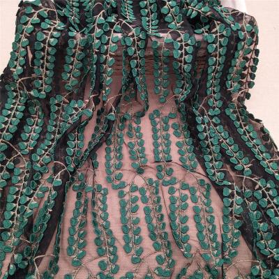 China Mesh green color leaf embroidery lace water soluble black boho embroidery fabric for sale