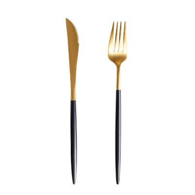 China Sustainable Stainless Steel 304 Dinnerware Set Black Gold Knives Fork Dinner Flatware Set for sale