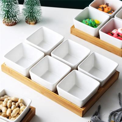 China Sustainable Environmental Removable Ceramic Fruit Cupboard Bowls With Bamboo Serving Tray for sale