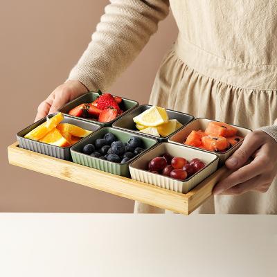 China 3.5 Inch Fruit Or Viable Square Snack Sauce Dish With Bamboo Tray Ceramic Serving Plates for sale