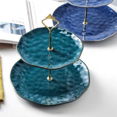 China China Supplier 2 Tier Sustainable Ceramic Dishes With Metal Stand For Cake Dessert for sale