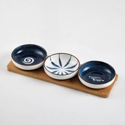 China Viable Hot Selling Around Porcelain 3 in 1 Bamboo Snack Nuts Serving Plate Tray for sale