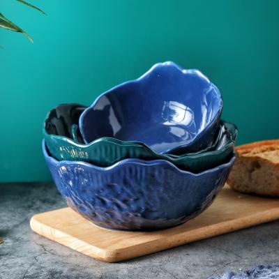 China Sustainable Ceramic Irregular Embossed Dessert Bowl For Deigning Porcelain Salad Or Snack Bowl For Hotel for sale