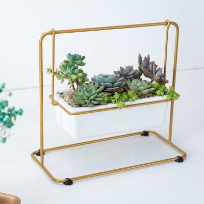 China Europe Hot Sale Rectangle Shape Ceramic Succulents Flower Pot With Iron Frame Europe Style Indoor Plant Decorative Pots for sale