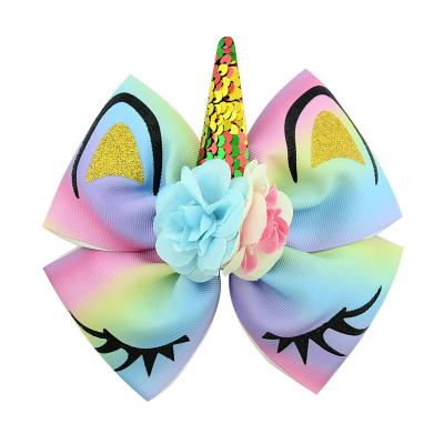 China Wholesale 2023 Lovely Kids Unicorn Headdress Flower Polyester Colored Hair Clip Cute Fake Hair Clip Girls Hair Bow Decoration for sale