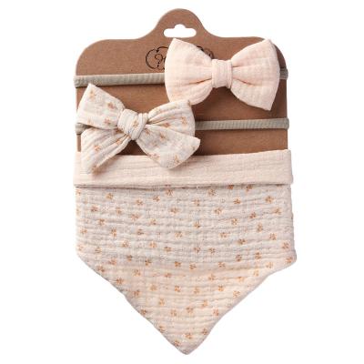 China New decoration baby brooch towel cotton printed double-sided triangle scarf bow headband with waterproof bib set for sale