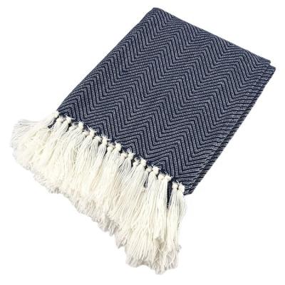 China Navy Herringbone Jacquard Yarn Throw Acrylic Blanket - 100% Acrylic With Fringe for sale