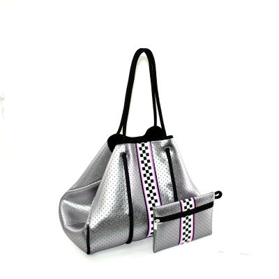 China Custom Fashion Neoprene Shiny Silver Handbag Over Beach Tote Bag Women Neoprene Shoulder Tote Bag With Small Size Summer Wallet Inside for sale