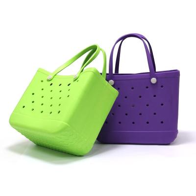 China Fashion Custom Candy Printing Perforated Basket Shape Eva Silicone Beach Bag Washable Storage Lady Handbag Women Waterproof Rubber Tote for sale