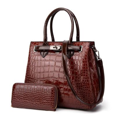 China Fashion Hot Sale Women Fashion Crocodile Pattern Embossing PU Top Handle Tote With Zip Clutch Wallet 2 Piece Purse Set for sale