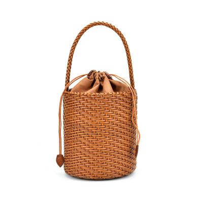 China Fashion Custom Vintage Small Leather Woven Bucket With Top Handle And Drawstring Bag for sale