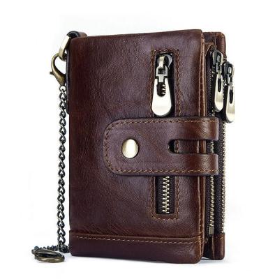 China Hot-selling Luxury Men's Purse RFID Genuine Leather Vintage Genuine Leather Double Zipper Gentlemen Slim Card Holder Wallets for sale