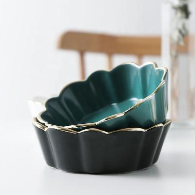 China Viable Ceramic Flower Jade-CER Shape 14.5cm Bowl With Gold Rim For Snacks Salad Fruit for sale