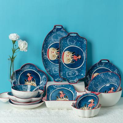 China Cat and Girl Stocked Ceramic Design Cartoon Dinnerware Sets Cartoon Jade-CER Blue Color Porcelain Dinner Set Dishes Bowls for sale