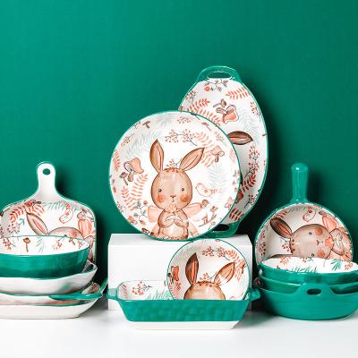 China Viable Jade-CER Under-glazed Cartoon Rabbit Design Dinner Set Plate Salad Bowl Chopsticks Dinner Dishes Ceramic Bakeware for sale