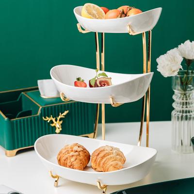 China European luxury multi-layer fruit tray Jade-CER style metal cake plate wedding hotel dessert dish stocked ceramic display stand for sale