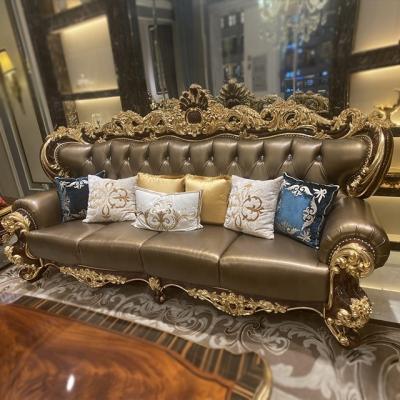 China European Luxury Carved Wood Handcrafted Sofa Set Chesterfield Leather Sofa Luxury Classic Leather Sofa for sale