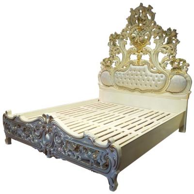 China Customized rococo luxury painted floral bed carved fabric wooden bed italian luxury bedroom furniture for sale