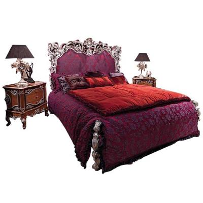 China Customized luxurious carving wooden bed frame in burgundy fabric bed European style upholstered with silver sheets for sale