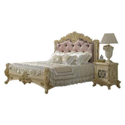 China Royal Classic Customized Fabric Ivory Bed, French Baroque Carved Wood Bedroom Furniture For Grand Palace, for sale