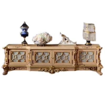 China Customized luxury French Baroque carved wood TV stand, European style ivory TV cabinet for living room for sale