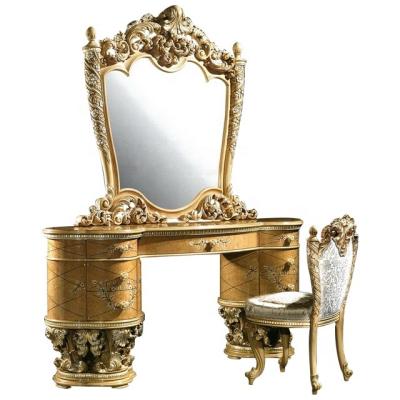 China Handcrafted wooden rococo carved wooden dressing table, French Louis XV dresser with mirror and stool for bedroom for sale