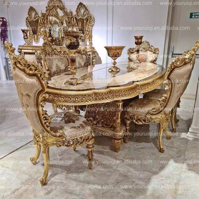 China Hand made carved wood customized luxury furniture for villa dining table set 6 seater for sale