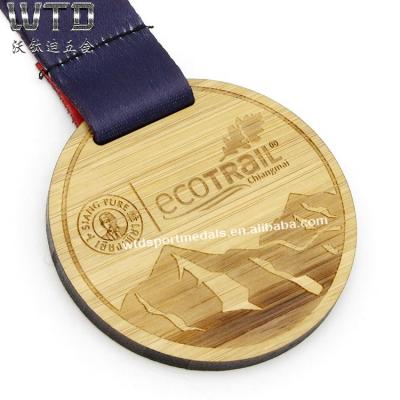 China China Thailand 30 Kilometer Running OEM Two Sided Logo Wooden Medallion Medal With Rope / Ribbon for sale