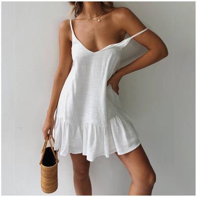 China Anti-Wrinkle Spaghetti Strap Dresses Off Shoulder Sundress 2022 Summer Women Sexy Mini Cotton Linen Ruffle Shift Dress for sale