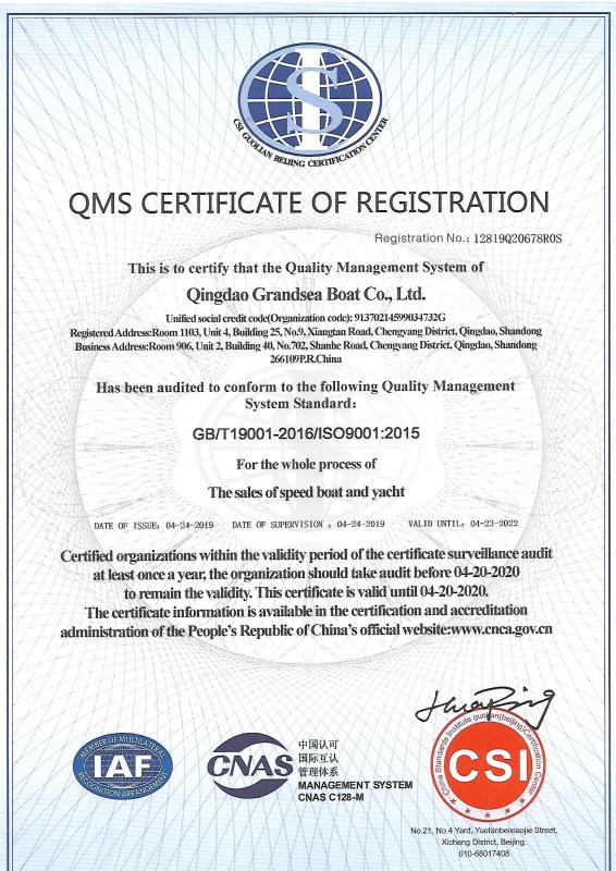 ISO9001 - Qingdao Grandsea Boat Co., Ltd.