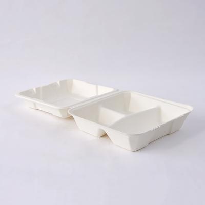 China Compostable Food Sugarcane Bagasse Packaging Disposable Clamshell Food Container 9x9 Inch 3 Compartments Bento Box for sale