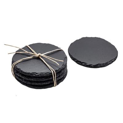 China Sustainable Dressed Black Stone Slate Coaster Natural Whiskey Cup Tea With Wooden Stand For Drink for sale