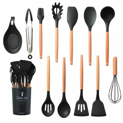 China 828-29 Sustainable Wooden Handle Silicone Kitchenware 12 Piece Spoon Holder Set for sale