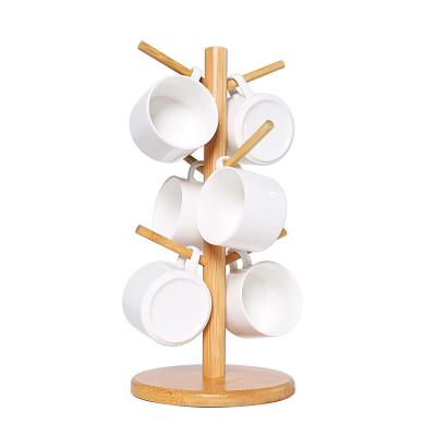 China Sustainable Bamboo Cup Holder Countertop Mug Tree Kitchen Organizer With 6 Easy To Use Hooks for sale