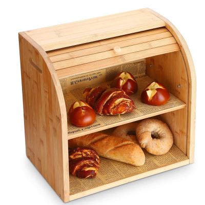 China Natural Bamboo Freshness Preservation Bread Box Bin 2 Layer Storage Rack Countertop Self Assembly for sale