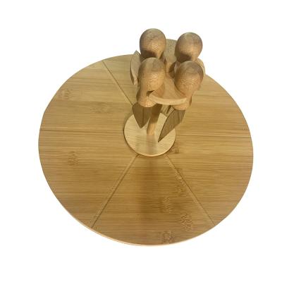 China Round Sustainable Natural Bamboo Serving Board With Knives And Rack For Pizza Cheese Cakes Meat Fruit for sale