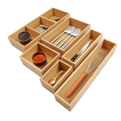 China Sustainable Drawer Organizers 6-Piece Adjustable Bamboo Cutlery Storage Container with Removable Dividers for Office Bathroom Office Kitchen for sale