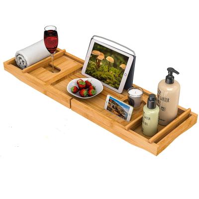 China Modern PROMOTIONAL Adjustable Bamboo Tub Tray Caddy for Luxury and Relax with Wine Glass Rack Reading Rack for sale