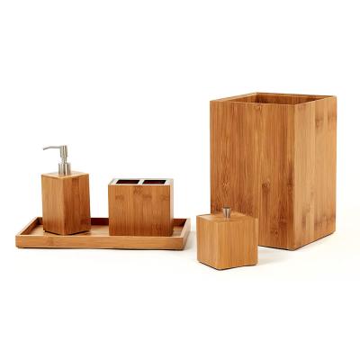 China Modern Stylish Bamboo 5 Piece Bathroom Accessories Set Luxury Vanity Accessory Set With Wastebasket for sale