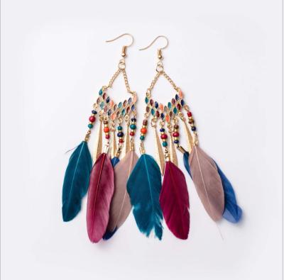 China Tassel V-shaped Boho Rice Droplet Type Long Feather Earrings Beads Pop Earrings for sale