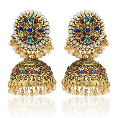 China Colorful Sunflower Pearl Bell Earrings Retro Geometric Shape Silver Tassel Women Dangle Earrings for sale