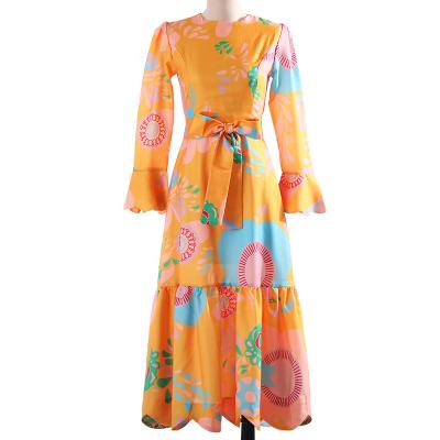 China 2022 Autumn New Casual Flutter Maxi Dress Full Lace Sleeve Print Dress Anti-Static Printed Dress for sale