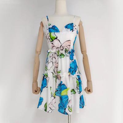 China Square Neck A Line Sleeveless Washable Knee Length Casual Dress Floral Print With Backless Tiered Mini Dress for sale