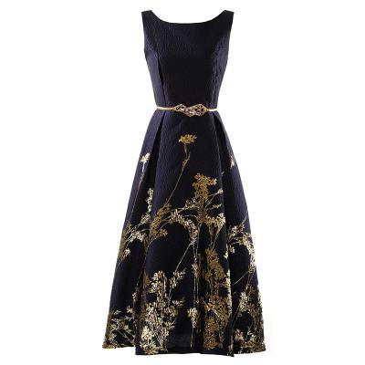 China Floral Jacquard Anti-Wrinkle Vintage Sleeveless Elegant Dresses Knee-Length Victorian High Waist Dress for sale